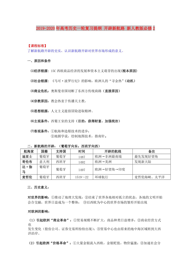 2019-2020年高考历史一轮复习提纲 开辟新航路 新人教版必修2.doc_第1页