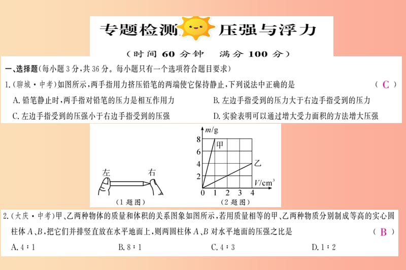 四川省绵阳市2019年中考物理 压强和浮力专题检测复习课件.ppt_第1页