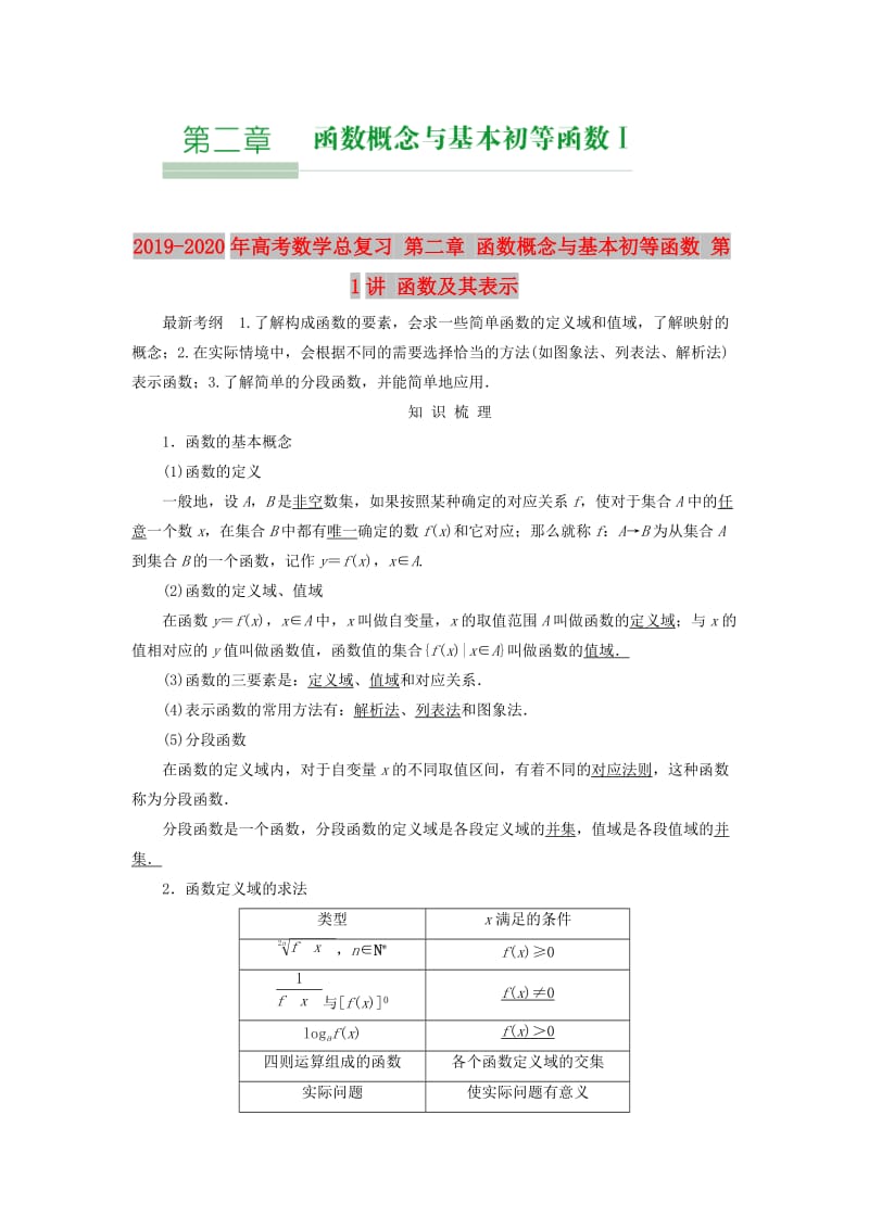 2019-2020年高考数学总复习 第二章 函数概念与基本初等函数 第1讲 函数及其表示.doc_第1页