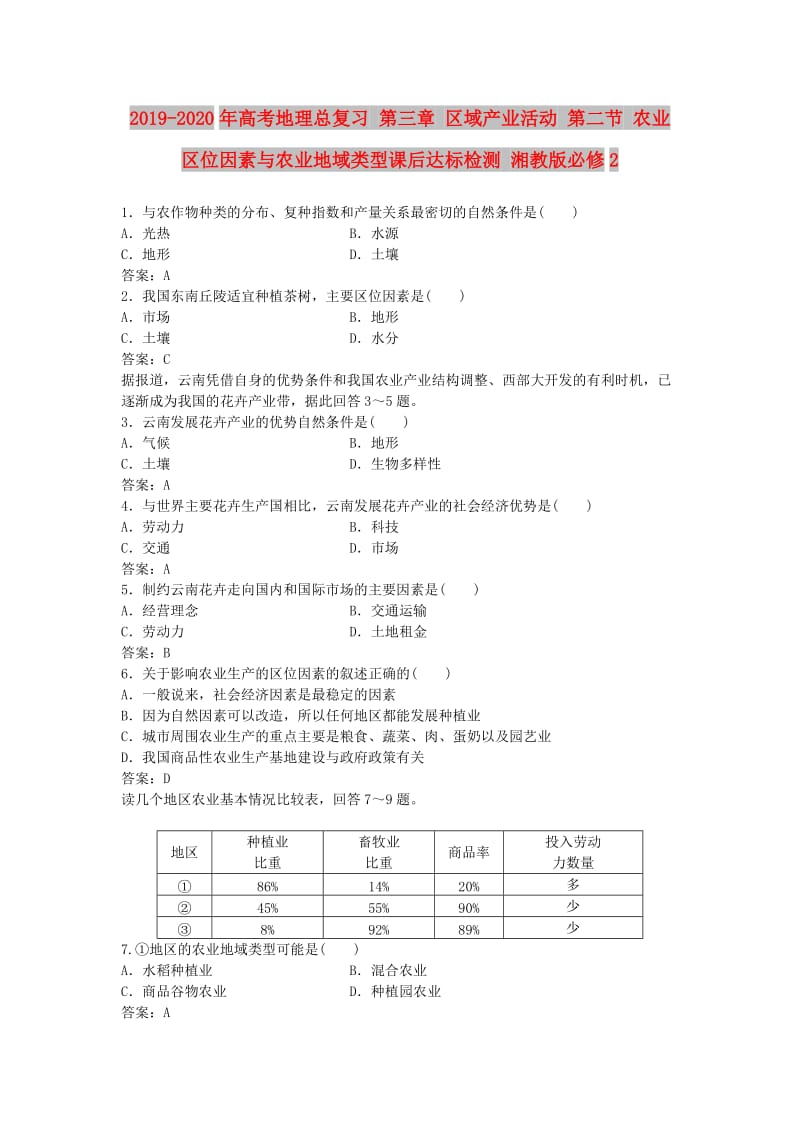 2019-2020年高考地理总复习 第三章 区域产业活动 第二节 农业区位因素与农业地域类型课后达标检测 湘教版必修2.doc_第1页