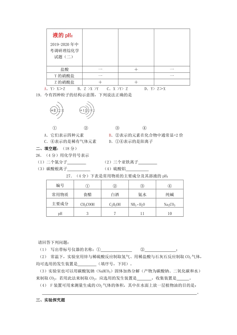 2019-2020年中考调研理综化学试题（二）.doc_第2页