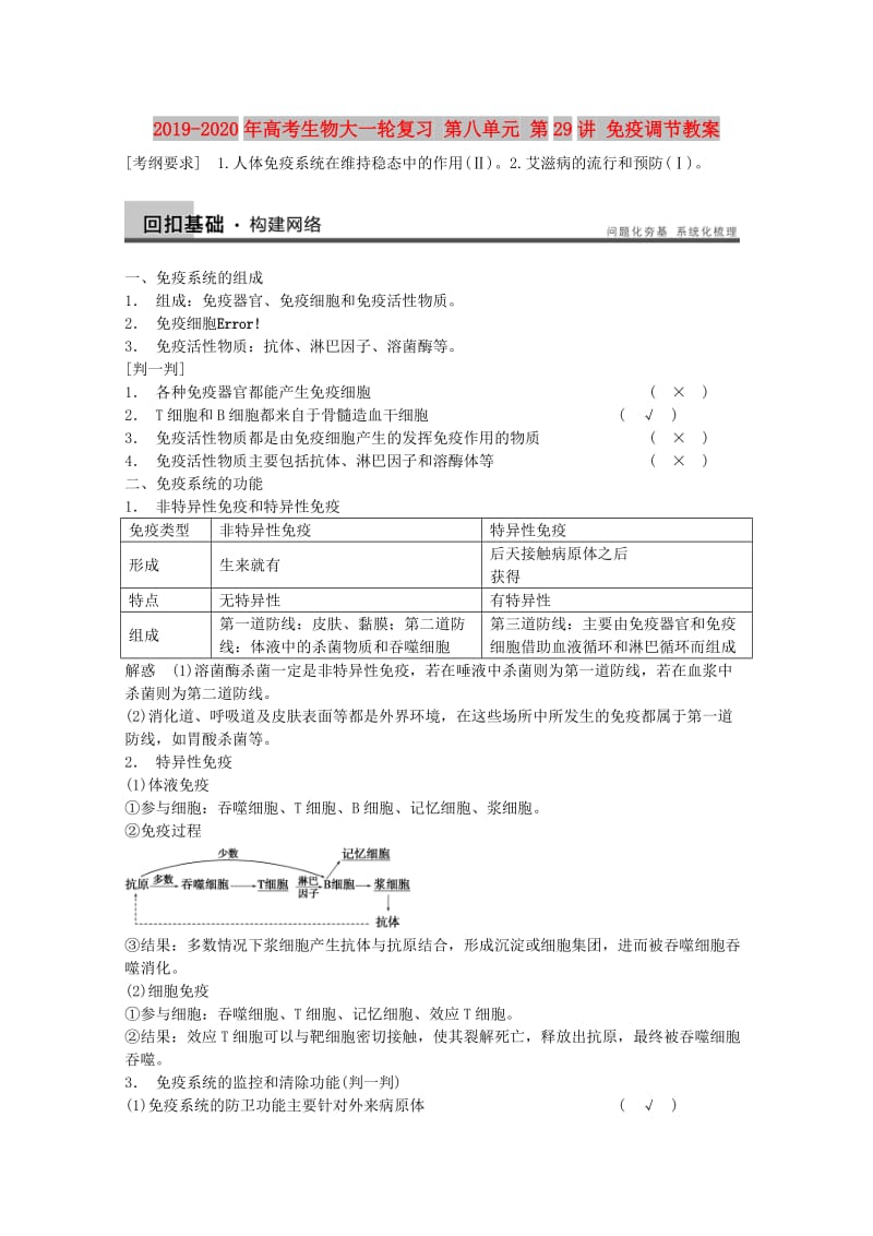 2019-2020年高考生物大一轮复习 第八单元 第29讲 免疫调节教案.doc_第1页