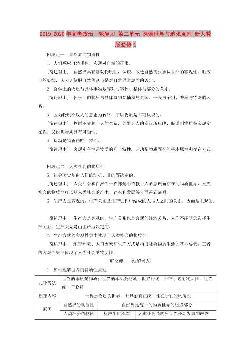 2019-2020年高考政治一轮复习 第二单元 探索世界与追求真理 新人教版必修4.doc_第1页