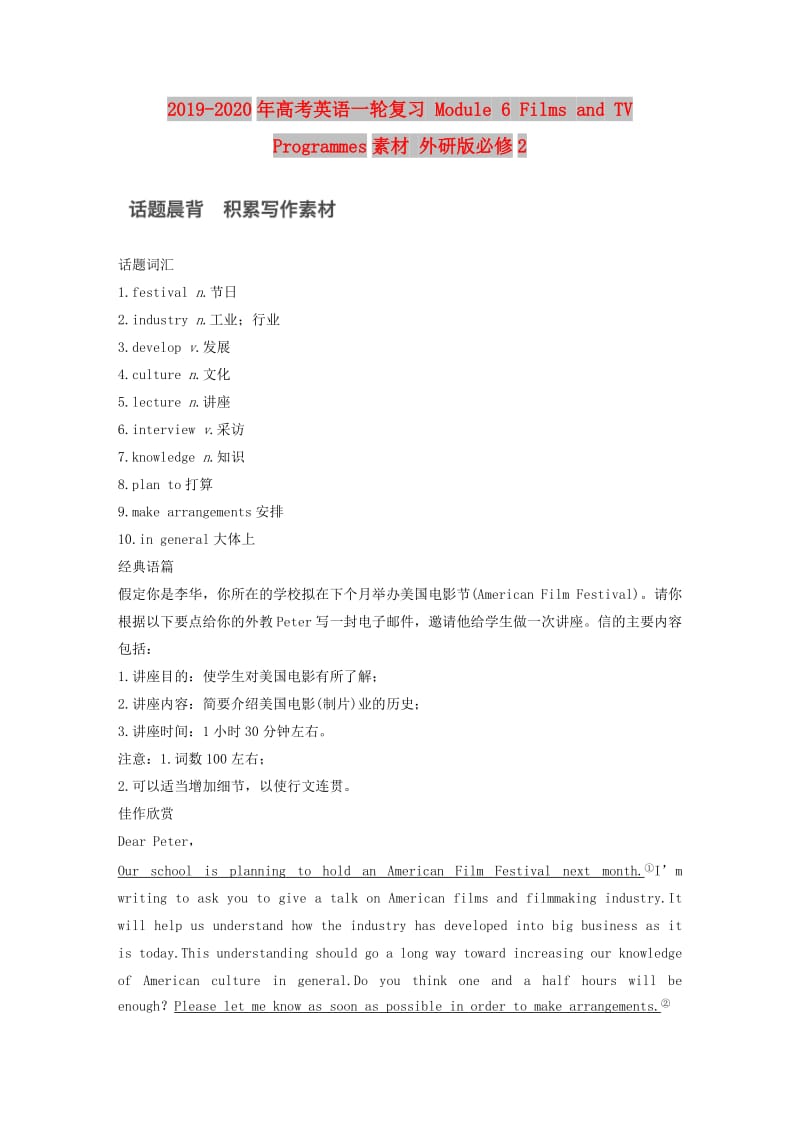 2019-2020年高考英语一轮复习 Module 6 Films and TV Programmes素材 外研版必修2.doc_第1页