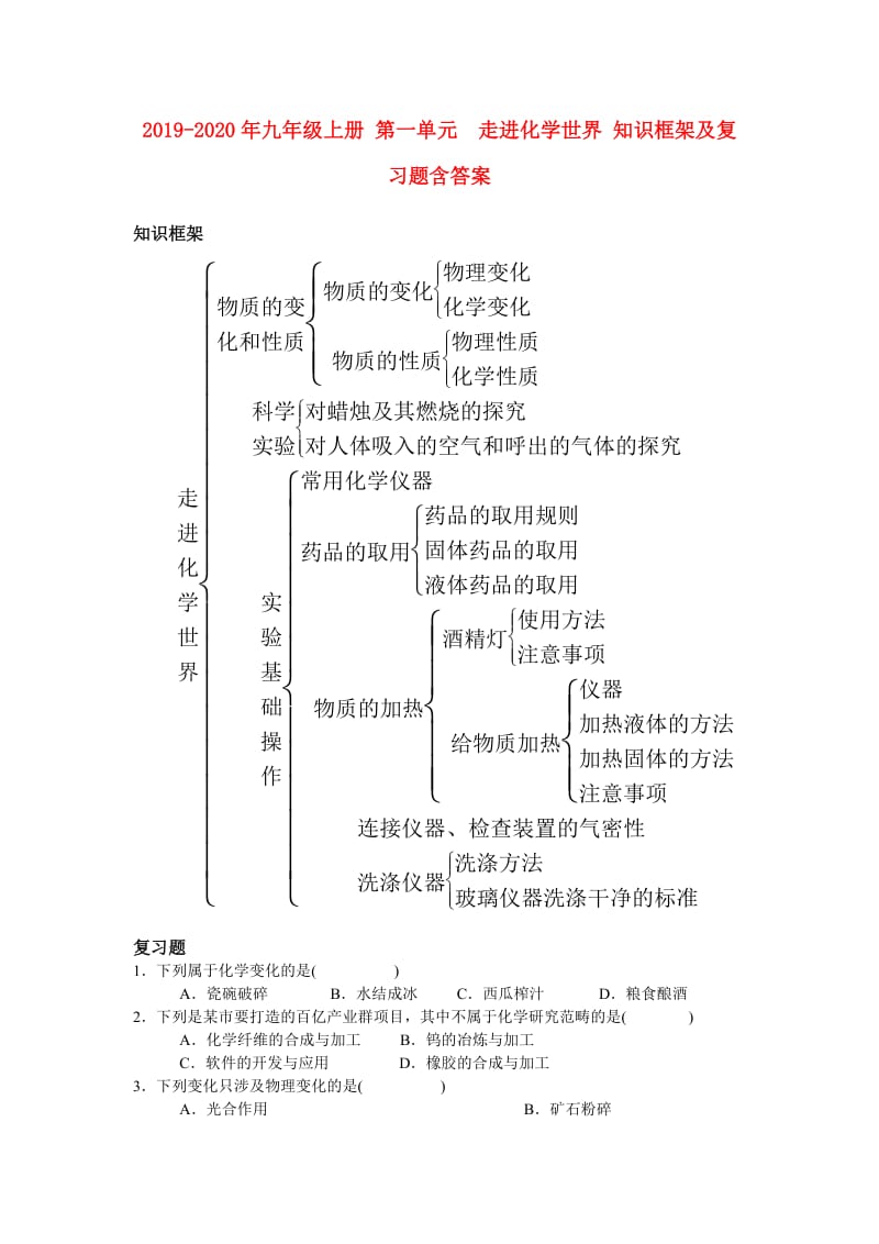 2019-2020年九年级上册 第一单元 走进化学世界 知识框架及复习题含答案.doc_第1页