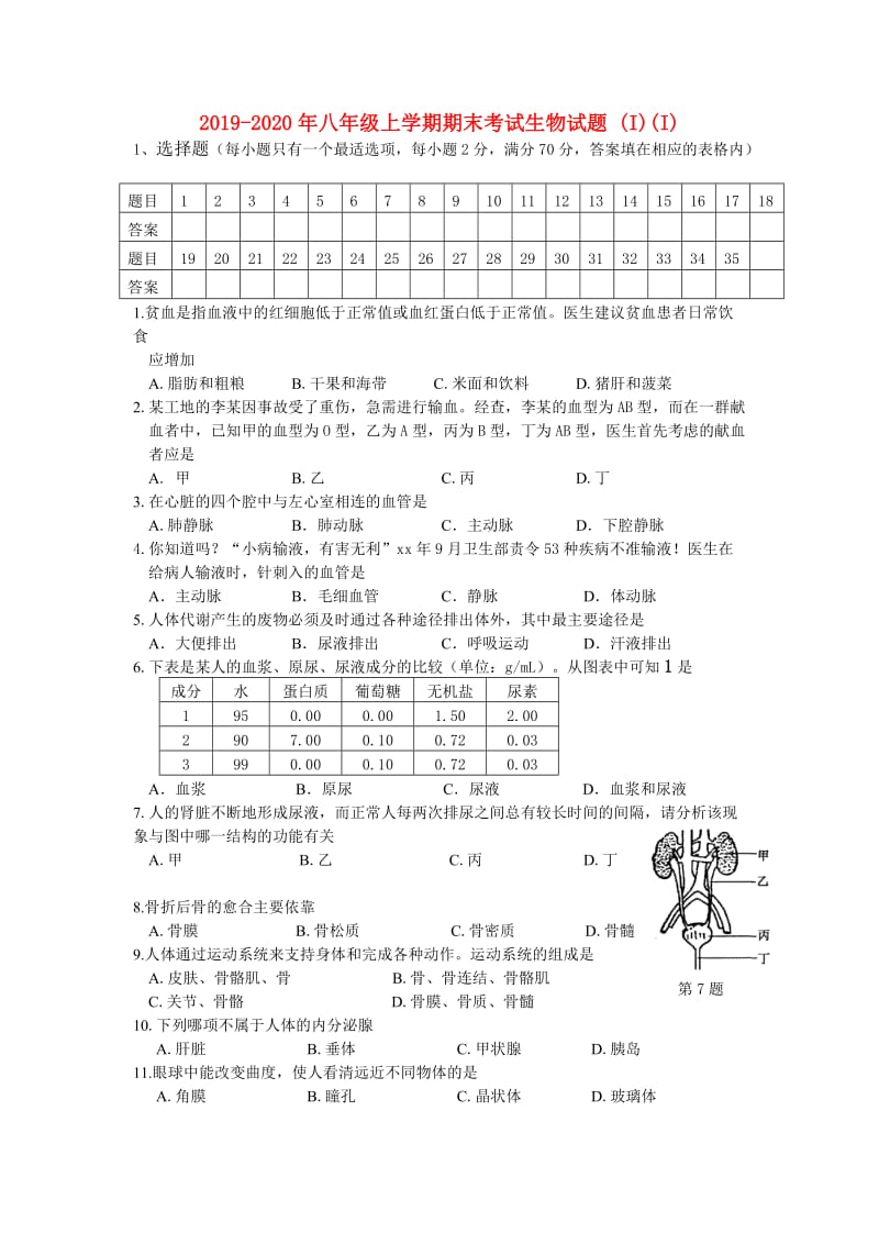 2019-2020年八年级上学期期末考试生物试题 (I)(I).doc_第1页