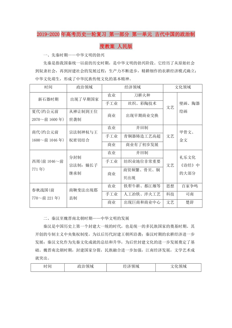 2019-2020年高考历史一轮复习 第一部分 第一单元 古代中国的政治制度教案 人民版.doc_第1页