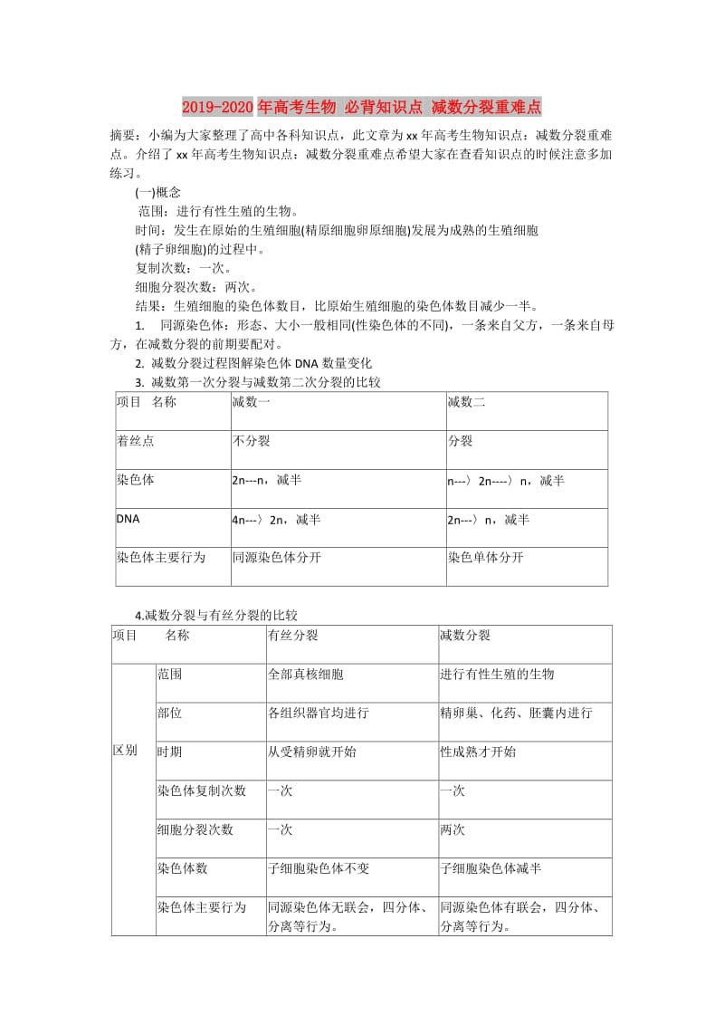 2019-2020年高考生物 必背知识点 减数分裂重难点.doc_第1页