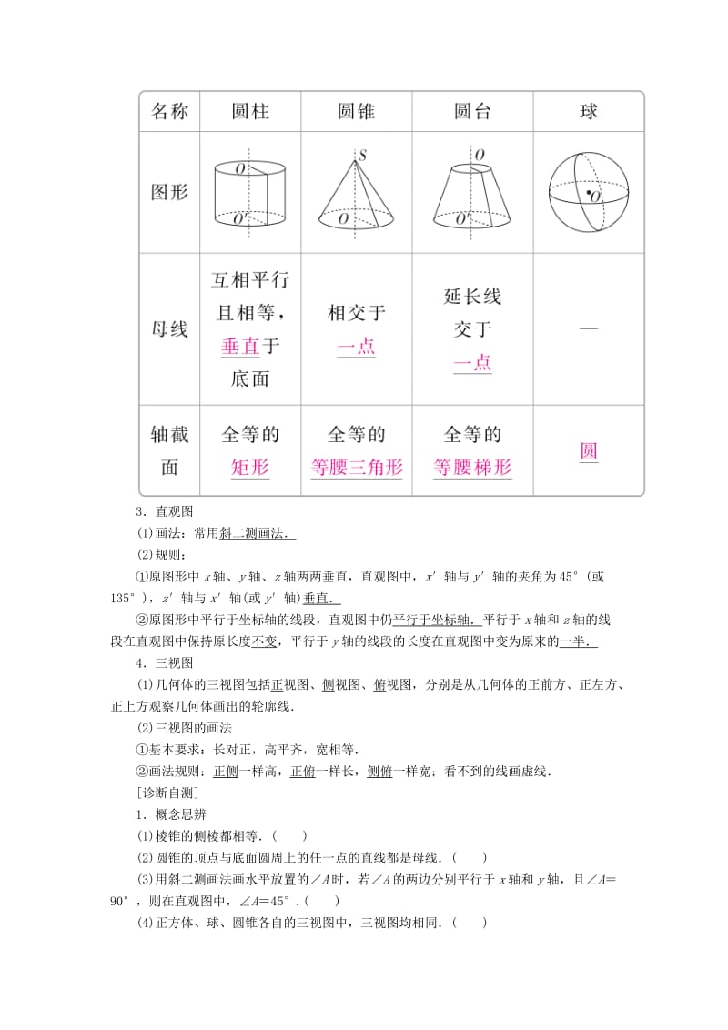 2019-2020年高考数学一轮复习第7章立体几何7.1空间几何体的结构及其三视图和直观图学案理.doc_第2页