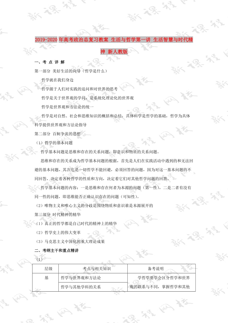 2019-2020年高考政治总复习教案 生活与哲学第一讲 生活智慧与时代精神 新人教版.doc_第1页