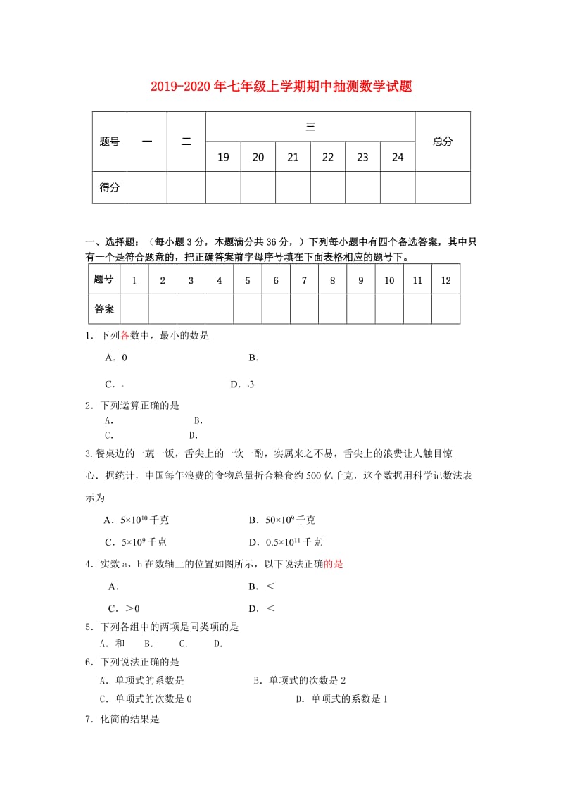 2019-2020年七年级上学期期中抽测数学试题.doc_第1页