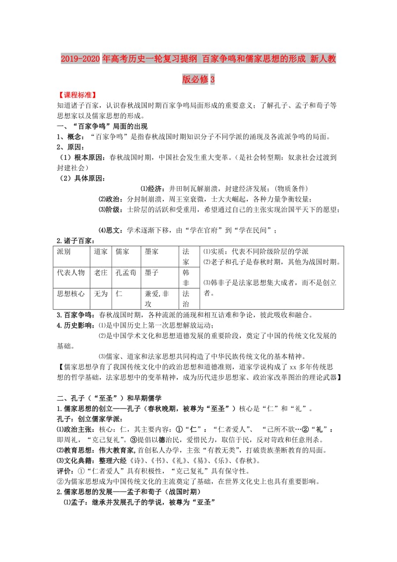 2019-2020年高考历史一轮复习提纲 百家争鸣和儒家思想的形成 新人教版必修3.doc_第1页