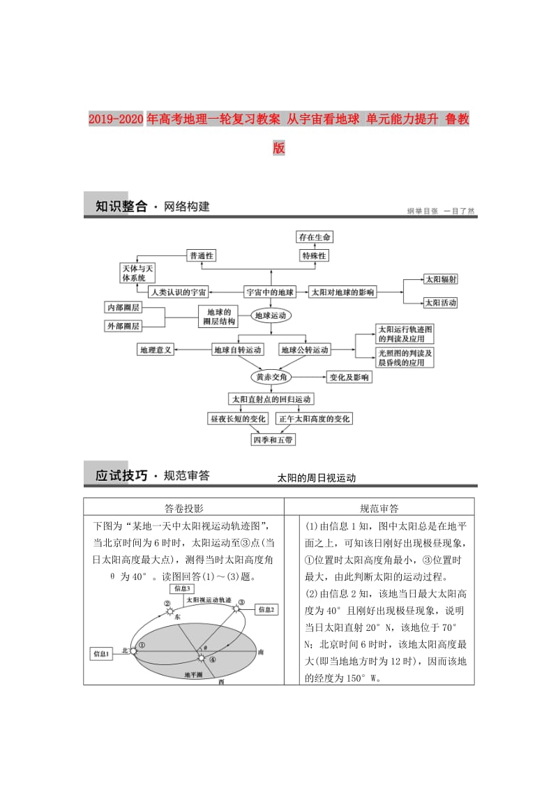 2019-2020年高考地理一轮复习教案 从宇宙看地球 单元能力提升 鲁教版.doc_第1页