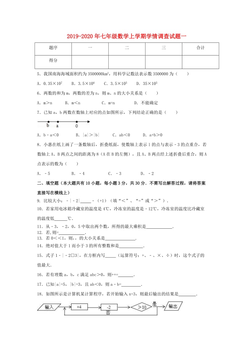 2019-2020年七年级数学上学期学情调查试题一.doc_第1页