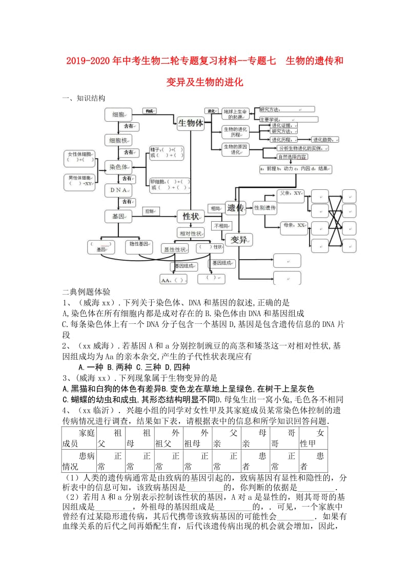 2019-2020年中考生物二轮专题复习材料--专题七 生物的遗传和变异及生物的进化.doc_第1页