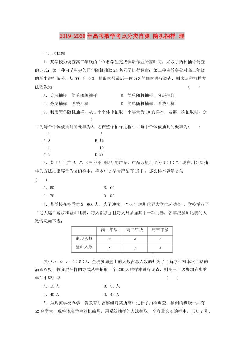 2019-2020年高考数学考点分类自测 随机抽样 理.doc_第1页