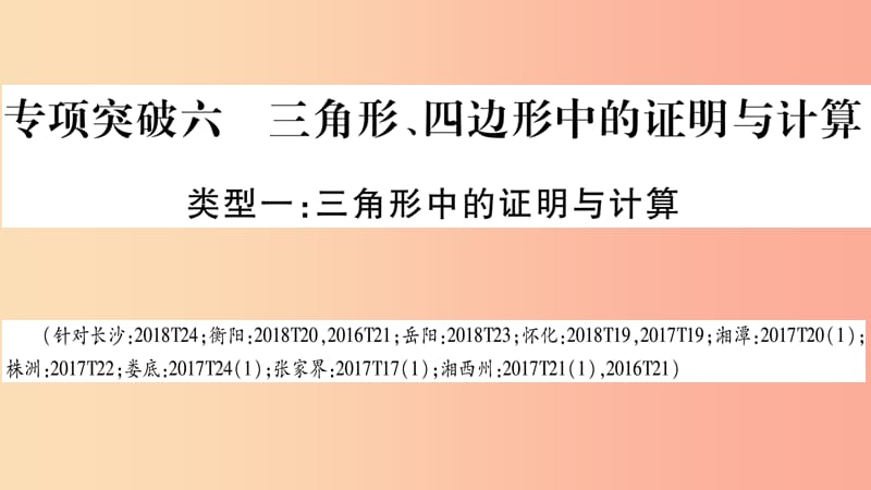 湖南省2019年中考数学复习第二轮中档题突破专项突破6三角形四边形中的证明与计算导学课件.ppt_第1页