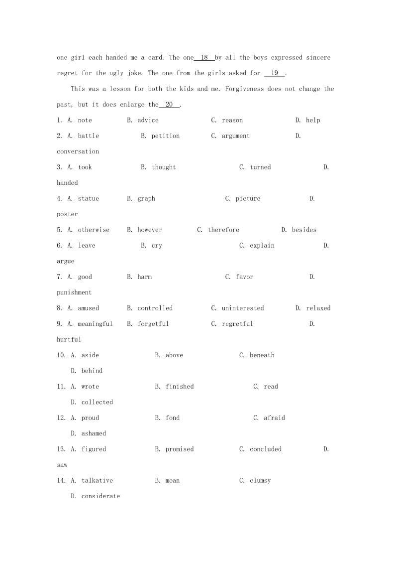 2019-2020年高考英语二轮复习 完形填空练习（11）.doc_第2页