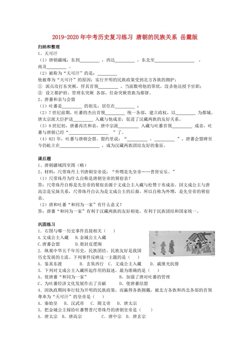 2019-2020年中考历史复习练习 唐朝的民族关系 岳麓版.doc_第1页