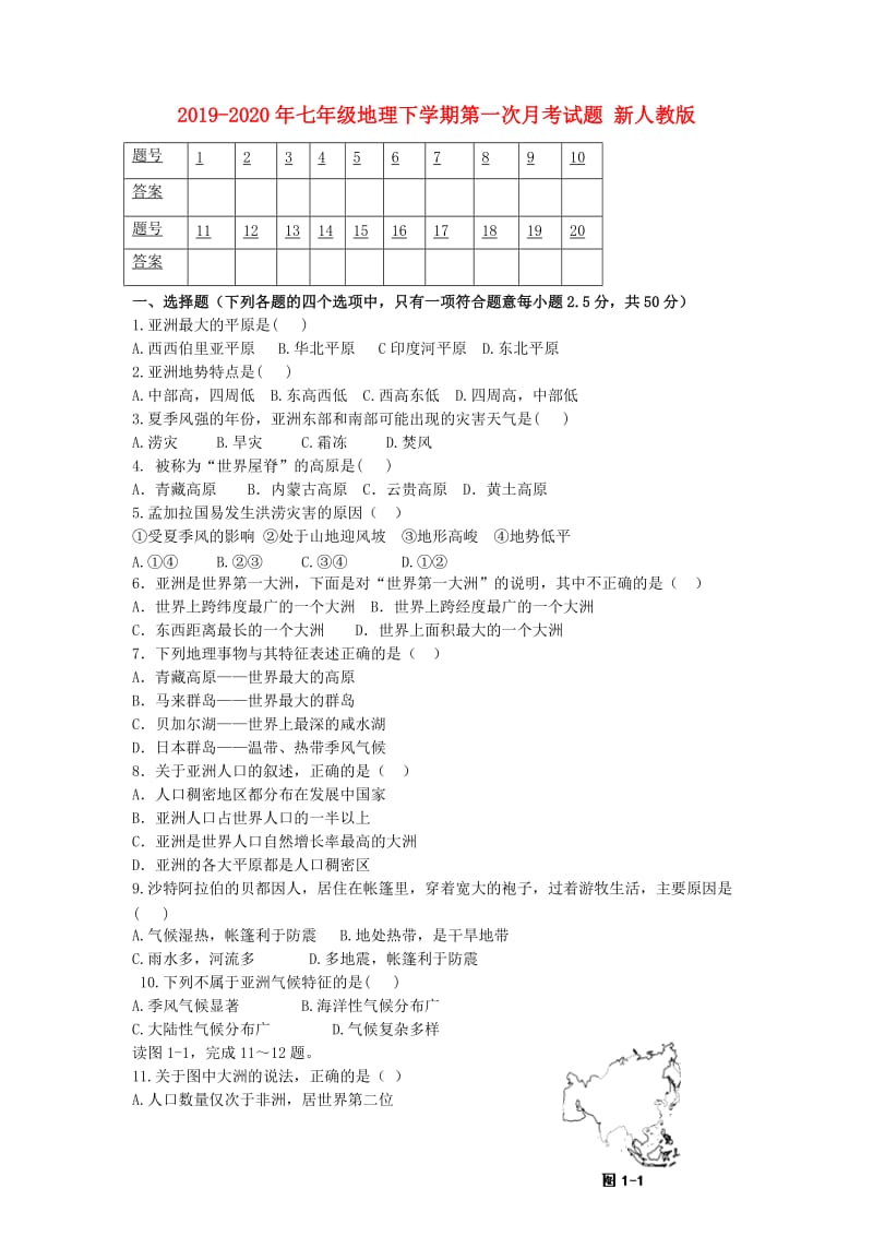 2019-2020年七年级地理下学期第一次月考试题 新人教版.doc_第1页