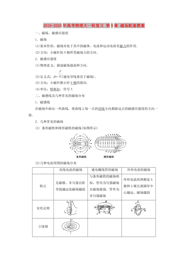 2019-2020年高考物理大一轮复习 第9章 磁场配套教案.doc_第1页