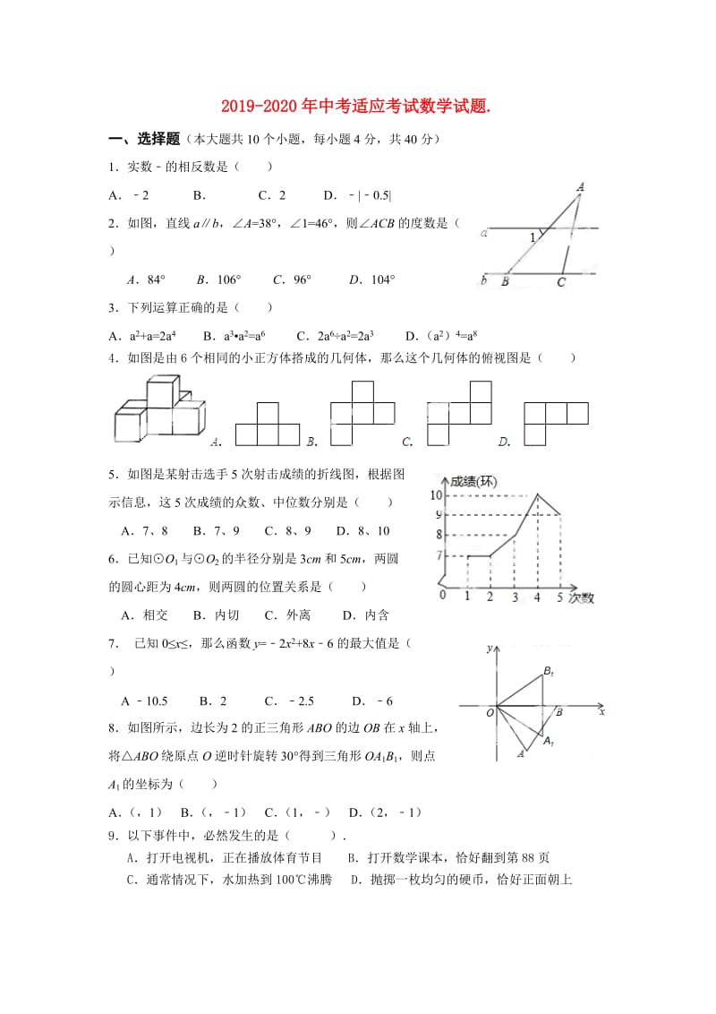 2019-2020年中考适应考试数学试题..doc_第1页