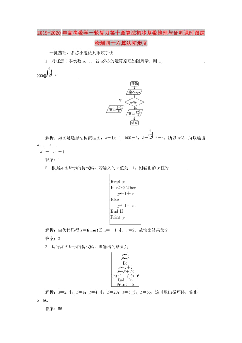 2019-2020年高考数学一轮复习第十章算法初步复数推理与证明课时跟踪检测四十六算法初步文.doc_第1页