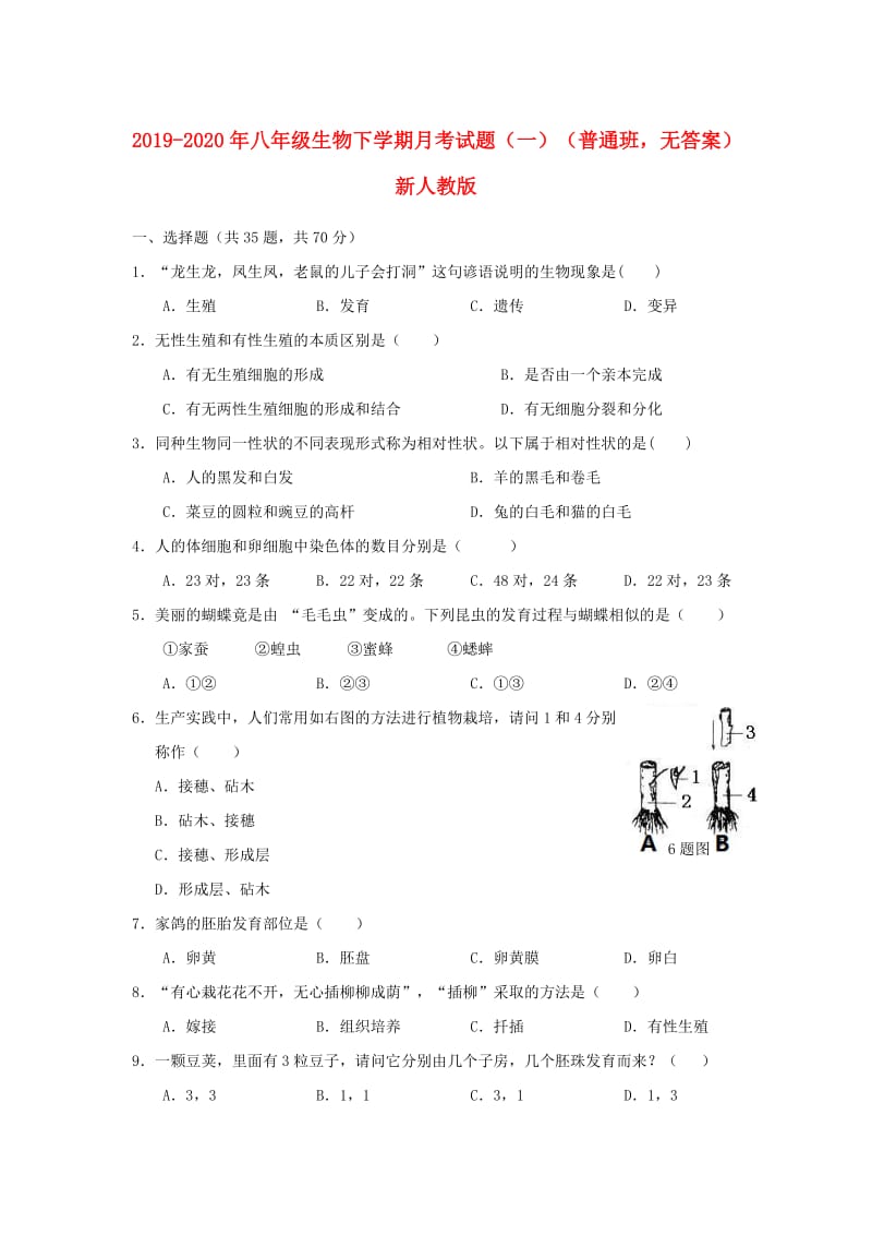 2019-2020年八年级生物下学期月考试题（一）（普通班无答案）新人教版.doc_第1页