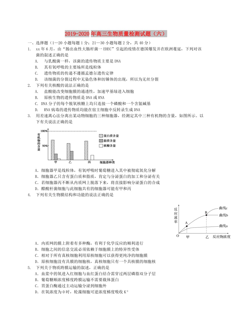 2019-2020年高三生物质量检测试题（六）.doc_第1页