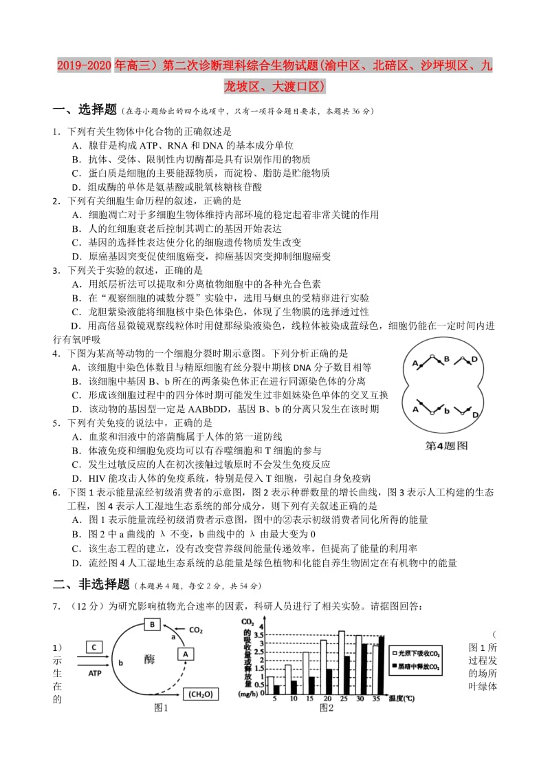 2019-2020年高三）第二次诊断理科综合生物试题(渝中区、北碚区、沙坪坝区、九龙坡区、大渡口区).doc_第1页