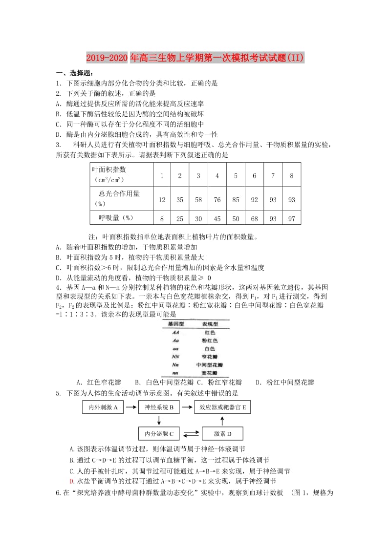 2019-2020年高三生物上学期第一次模拟考试试题(II).doc_第1页