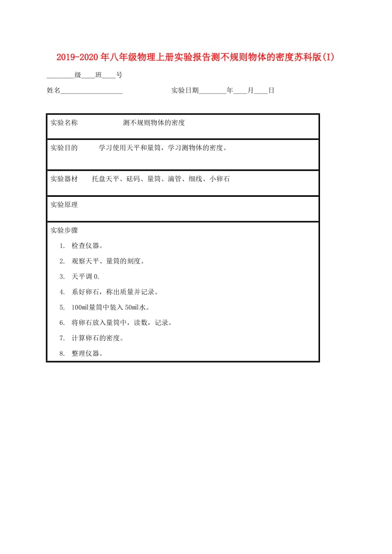 2019-2020年八年级物理上册实验报告测不规则物体的密度苏科版(I).doc_第1页