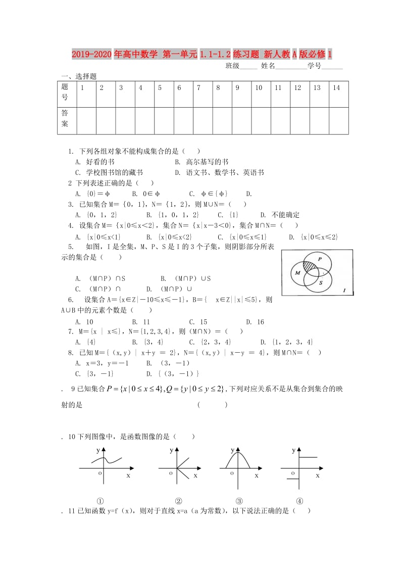 2019-2020年高中数学 第一单元1.1-1.2练习题 新人教A版必修1.doc_第1页