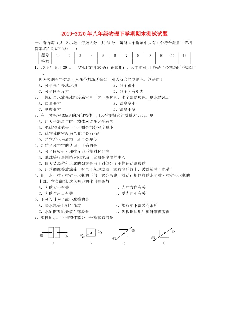 2019-2020年八年级物理下学期期末测试试题.doc_第1页