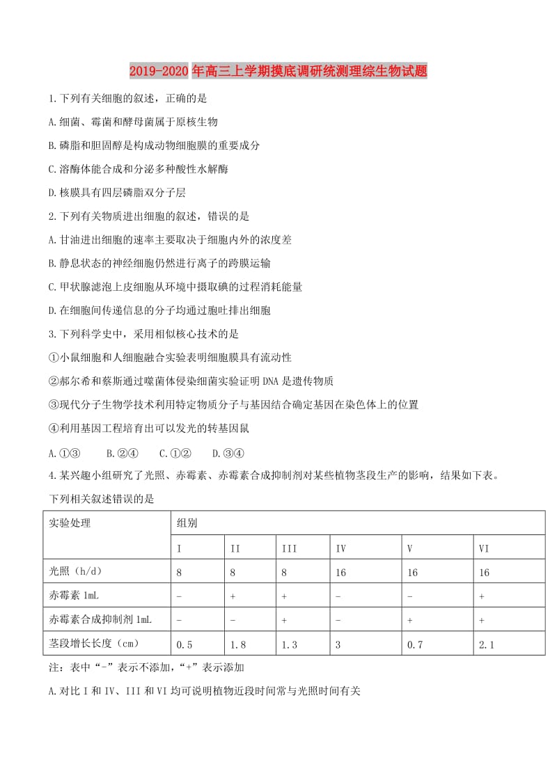 2019-2020年高三上学期摸底调研统测理综生物试题.doc_第1页