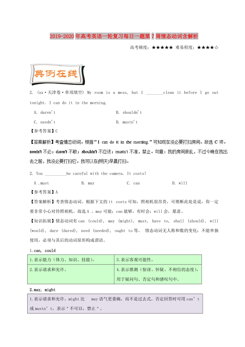 2019-2020年高考英语一轮复习每日一题第7周情态动词含解析.doc_第1页