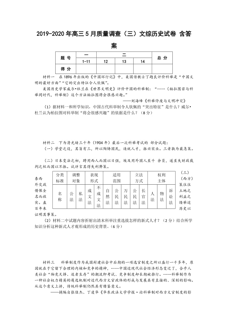 2019-2020年高三5月质量调查（三）文综历史试卷 含答案.doc_第1页