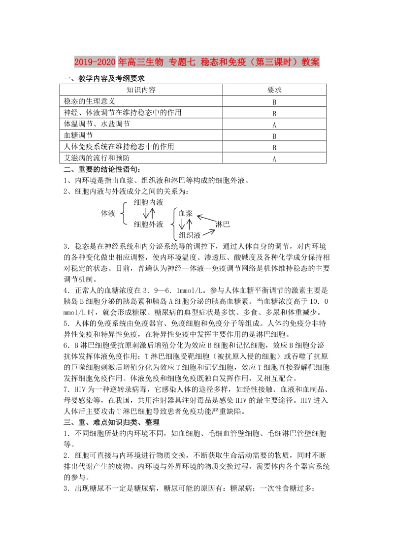 2019-2020年高三生物 专题七 稳态和免疫（第三课时）教案.doc_第1页