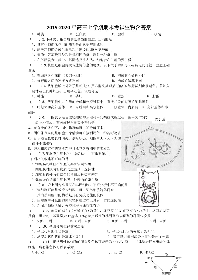 2019-2020年高三上学期期末考试生物含答案.doc_第1页