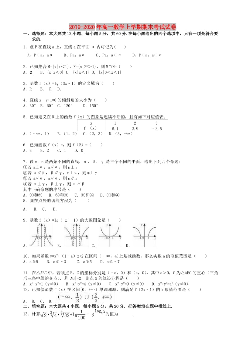 2019-2020年高一数学上学期期末考试试卷.doc_第1页