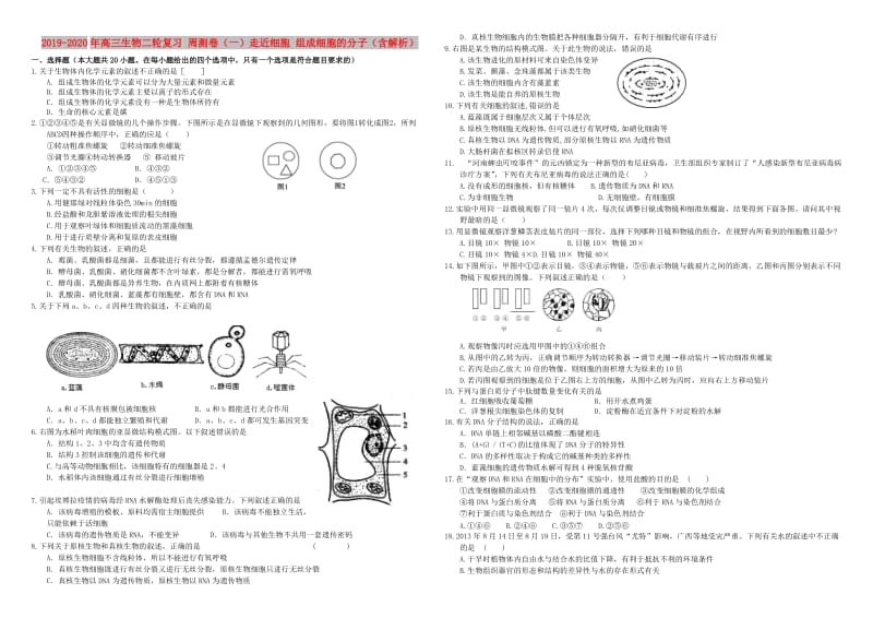 2019-2020年高三生物二轮复习 周测卷（一）走近细胞 组成细胞的分子（含解析）.doc_第1页