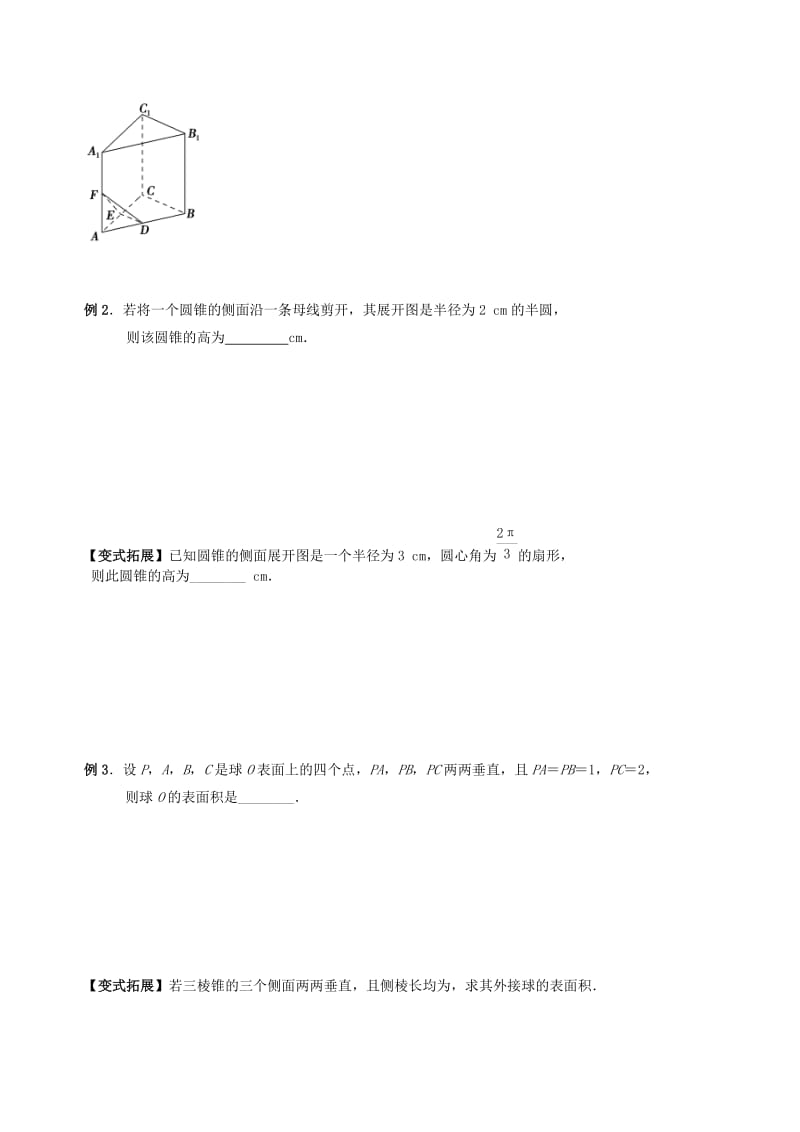 2019-2020年高三数学上学期立体几何6空间几何体的表面积和体积教学案（无答案）.doc_第2页