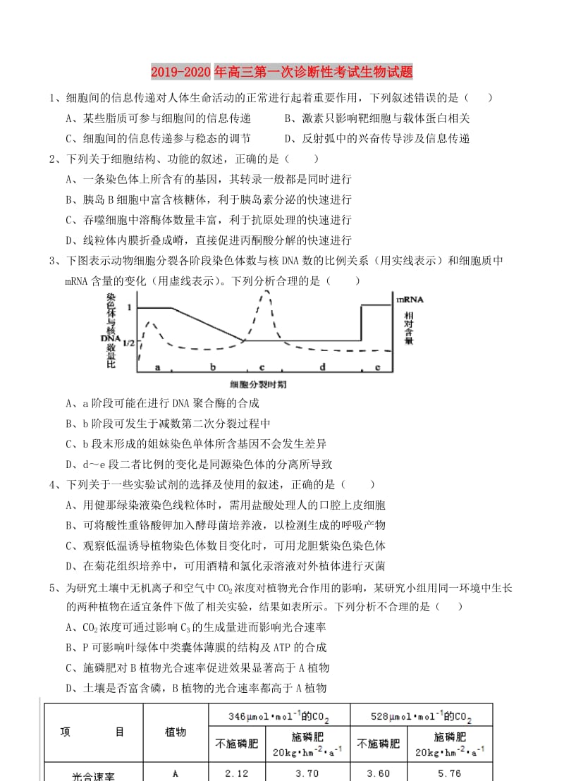 2019-2020年高三第一次诊断性考试生物试题.doc_第1页