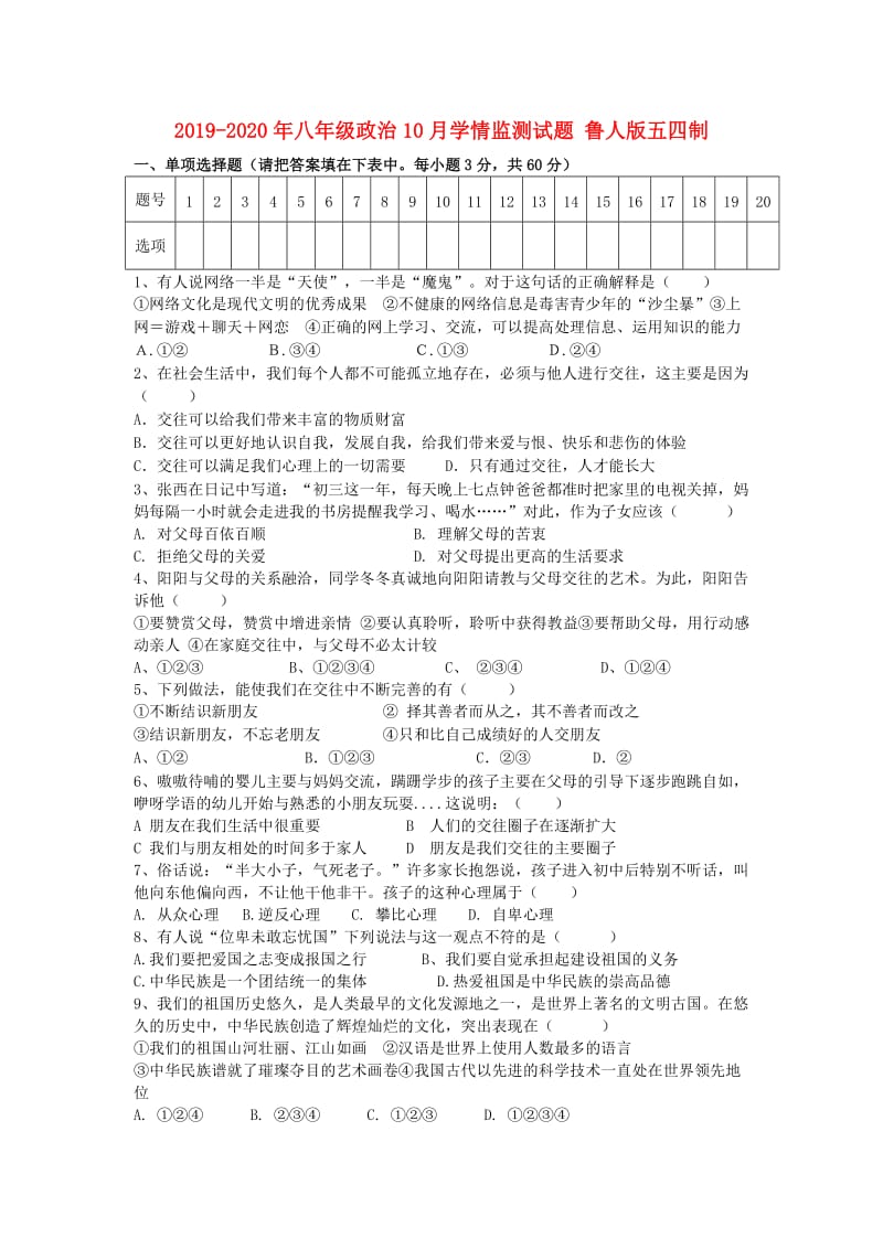 2019-2020年八年级政治10月学情监测试题 鲁人版五四制.doc_第1页