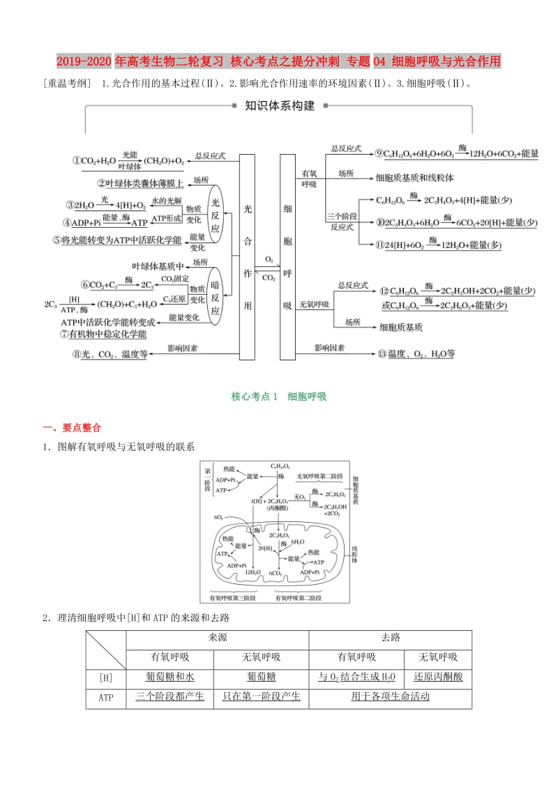 2019-2020年高考生物二轮复习 核心考点之提分冲刺 专题04 细胞呼吸与光合作用.doc_第1页