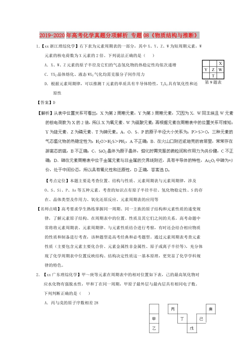 2019-2020年高考化学真题分项解析 专题08《物质结构与推断》.doc_第1页