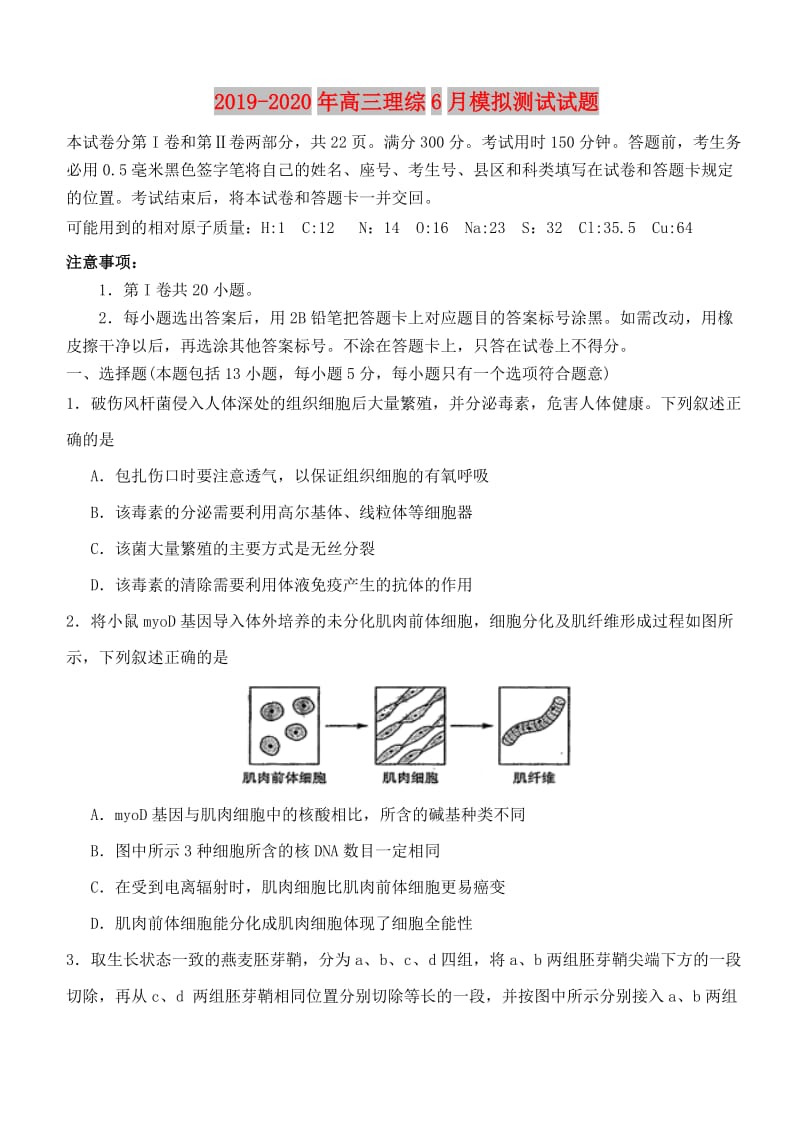 2019-2020年高三理综6月模拟测试试题.doc_第1页