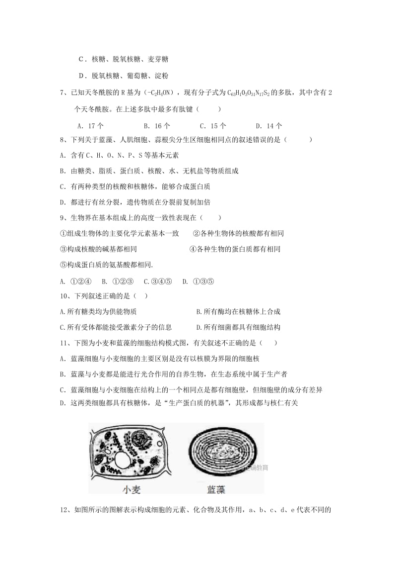 2019-2020年高一生物10月阶段性测试试题无答案.doc_第2页