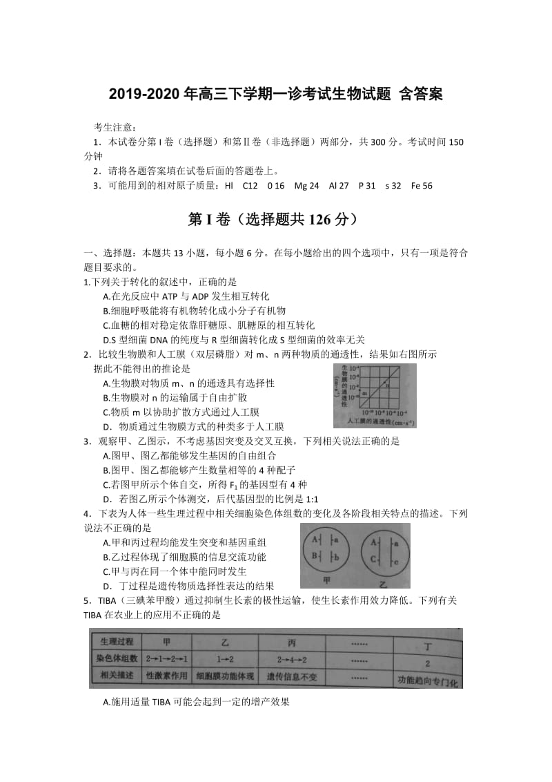 2019-2020年高三下学期一诊考试生物试题 含答案.doc_第1页