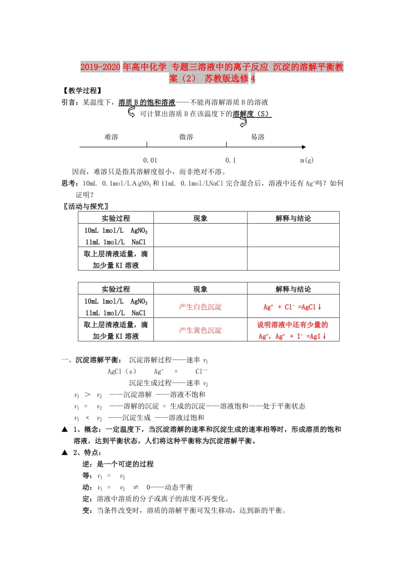 2019-2020年高中化学 专题三溶液中的离子反应 沉淀的溶解平衡教案（2） 苏教版选修4.doc_第1页